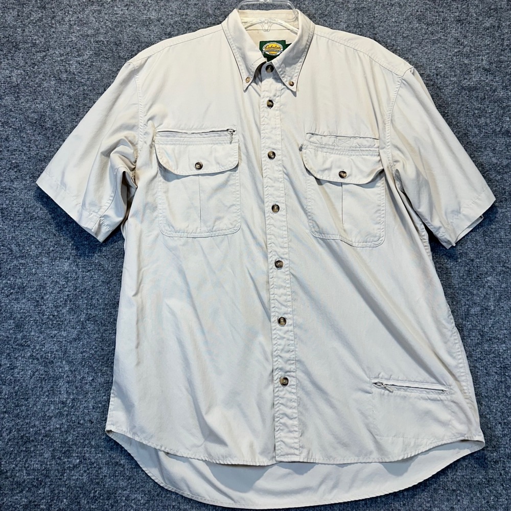 Cabelas Button Down Shirt Mens Large Beige Short Sleeve Outdoor Hiking Utility